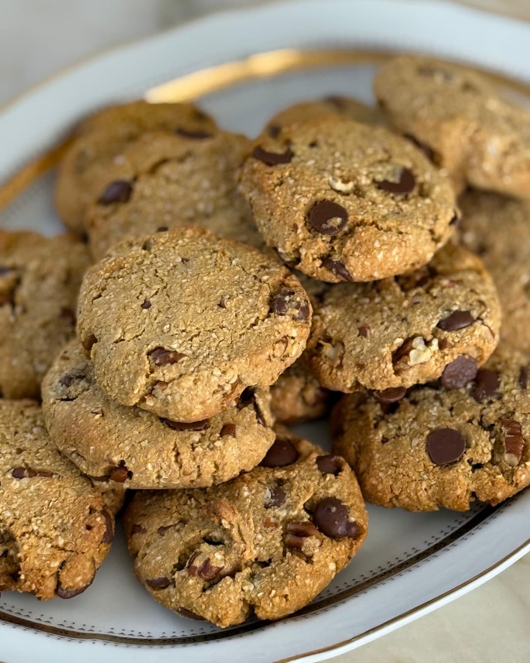 A plate of chocolate chip cookies