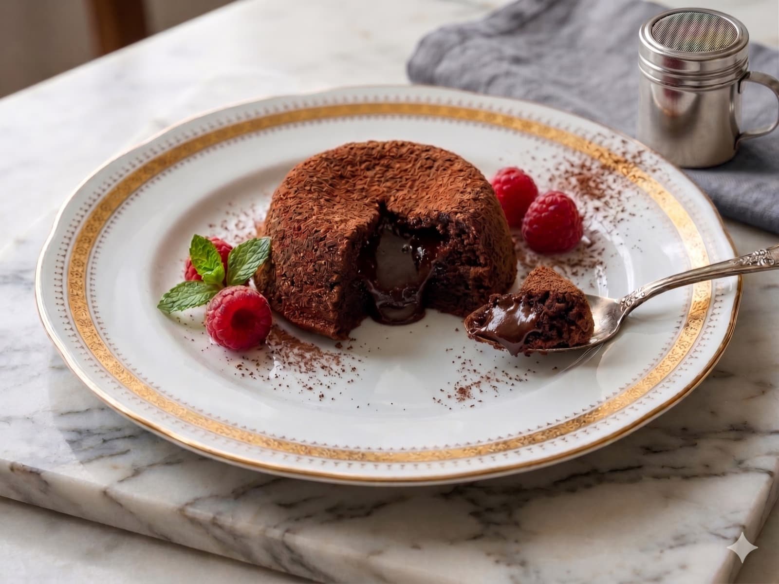 A chocolate lava cake with raspberries on a plate