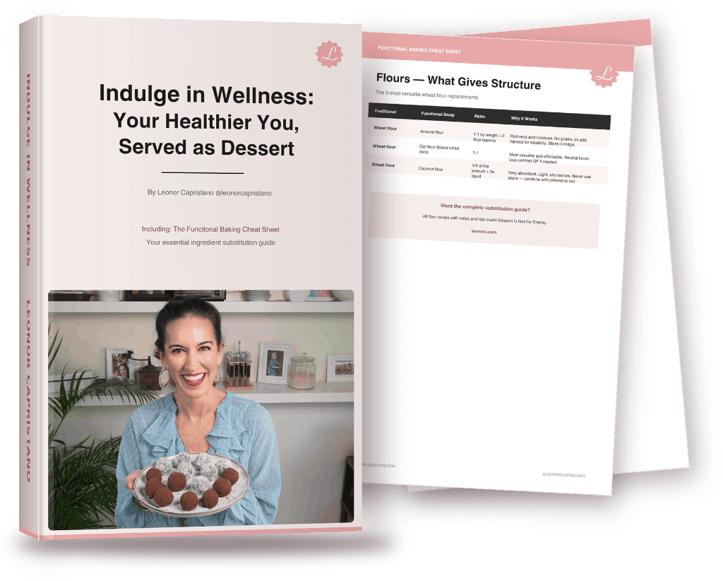 Mockup of the free guide Indulge in Wellness: the cover with Leonor holding a plate of cacao bites, and a page of the Functional Baking Cheat Sheet